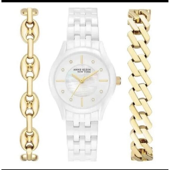 Anne Klein Ladies 12/7740WTST White Ceramic Watch w/ 2- Gold Tone SS Bracelets - Picture 3 of 5